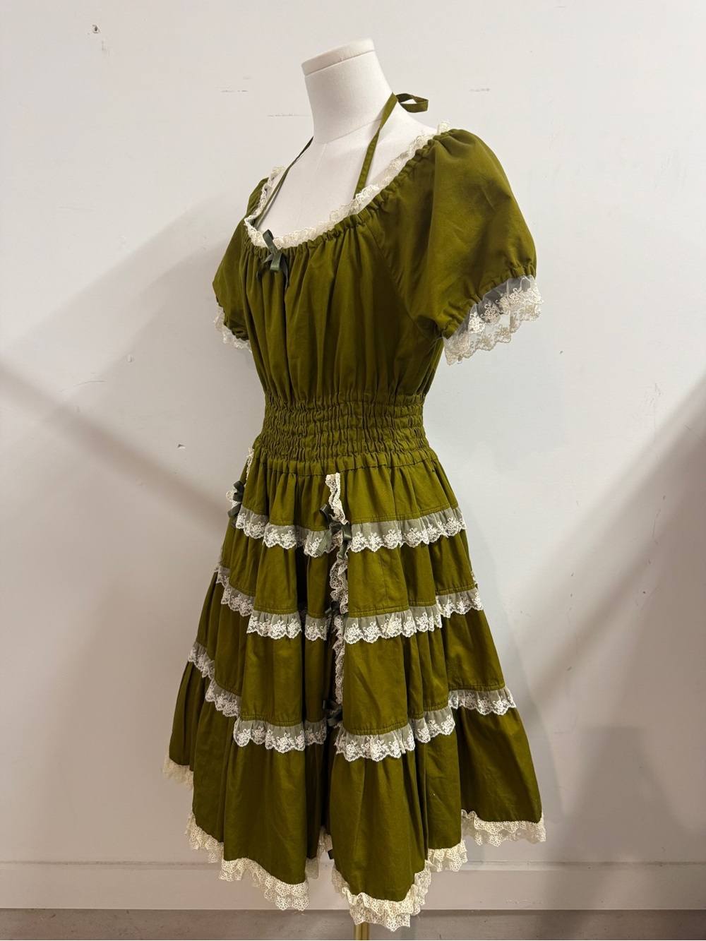 Innocent World M/L Olive Green Lace-Trim Tiered Tulle Dress Cottagecore Coquette - Picture 4 of 10